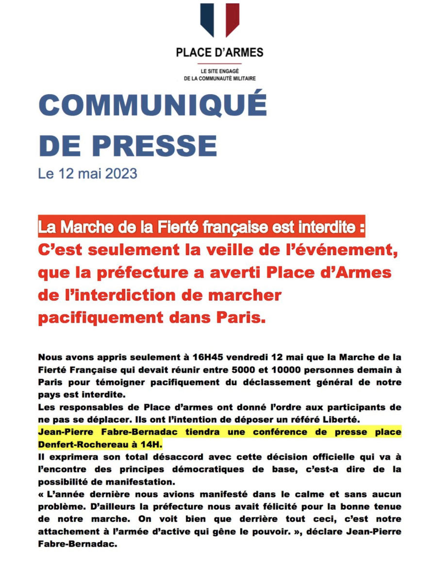 La marche de la Fierté Française, initiée par Place d'Armes ce samedi 13 mai, interdite par la préfecture